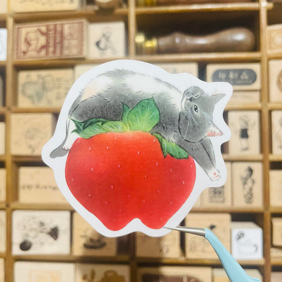 Davidcookslove Strawberry Cat Waterproof Sticker