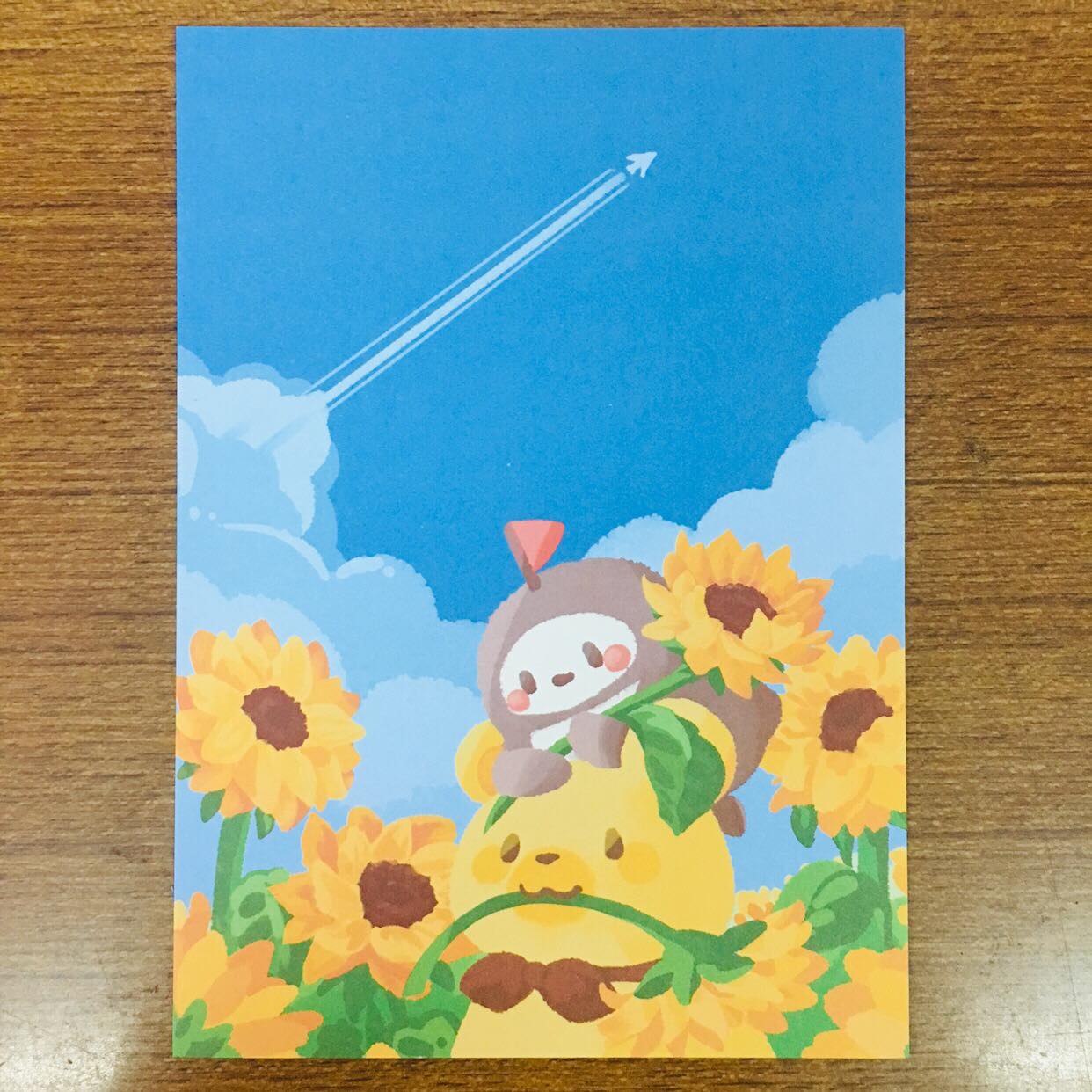 Popopenguin Illustration Sunflower Field Postcard