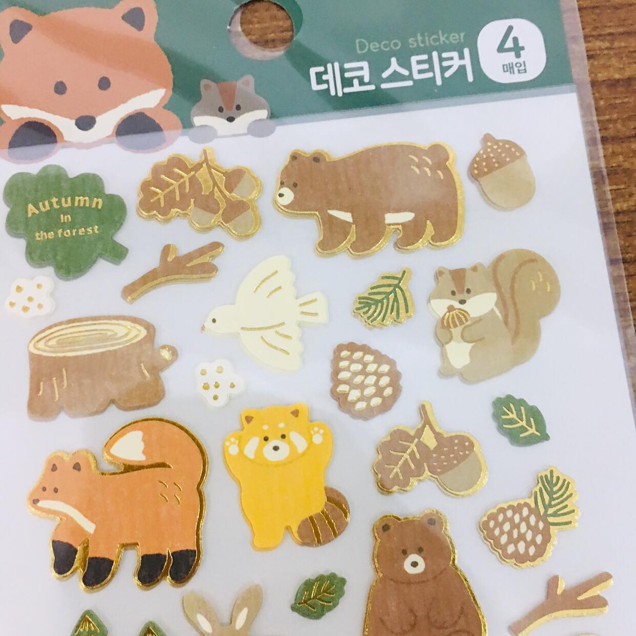 Daiso Korea Autumn Fall Animals Gold Foiled Sticker Sheets 4pc