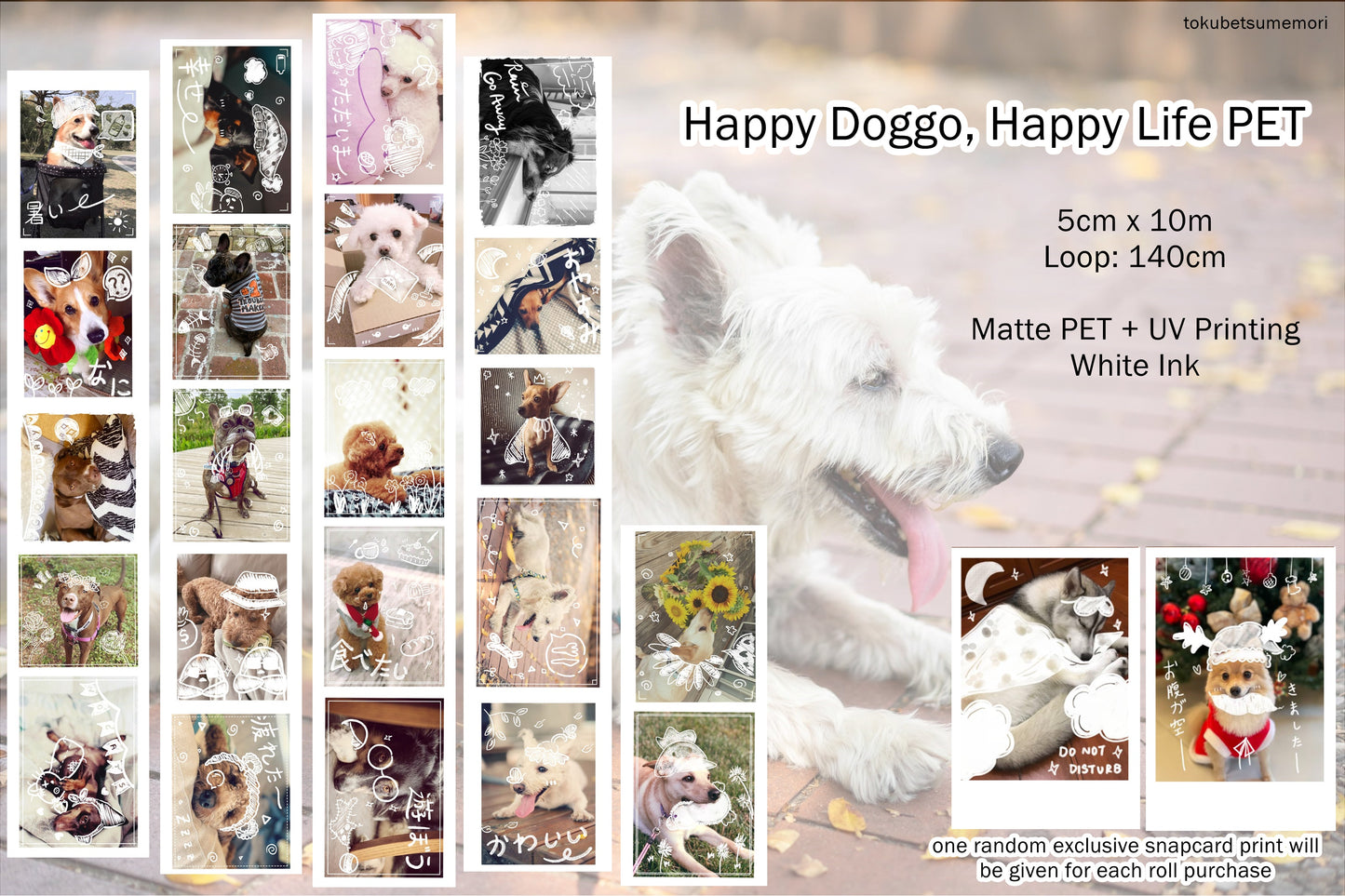 Happy Doggo Happy Life PET Tape Samples and Full Roll