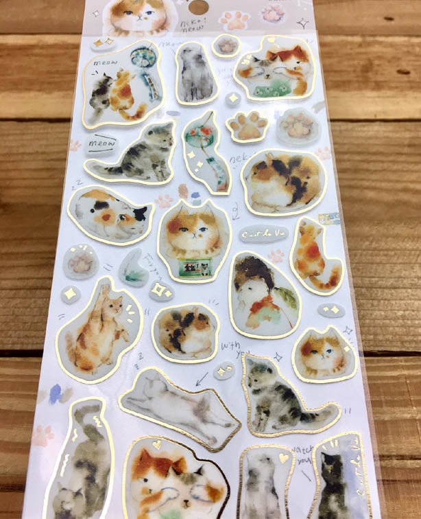 Liang Feng Watercolor Cat Sticker Sheet Gold Foiled