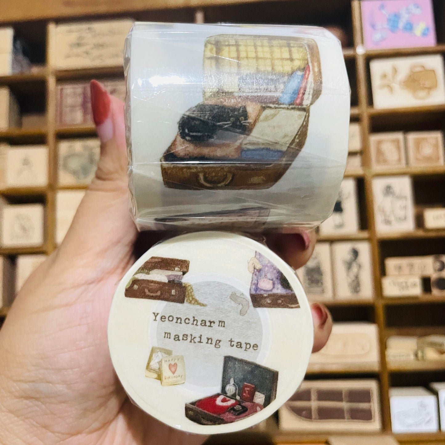 Yeoncharm Leather Suitcase Washi Tape Roll and Sample