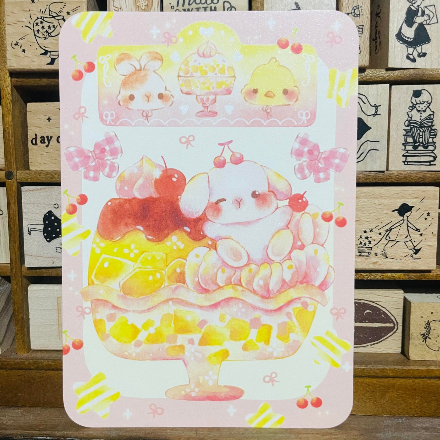 Thea Illustration Pastel Bunny Pudding Mango Postcard