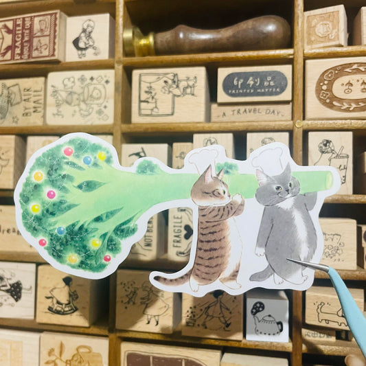Davidcookslove Christmas Broccoli Cat Waterproof Sticker