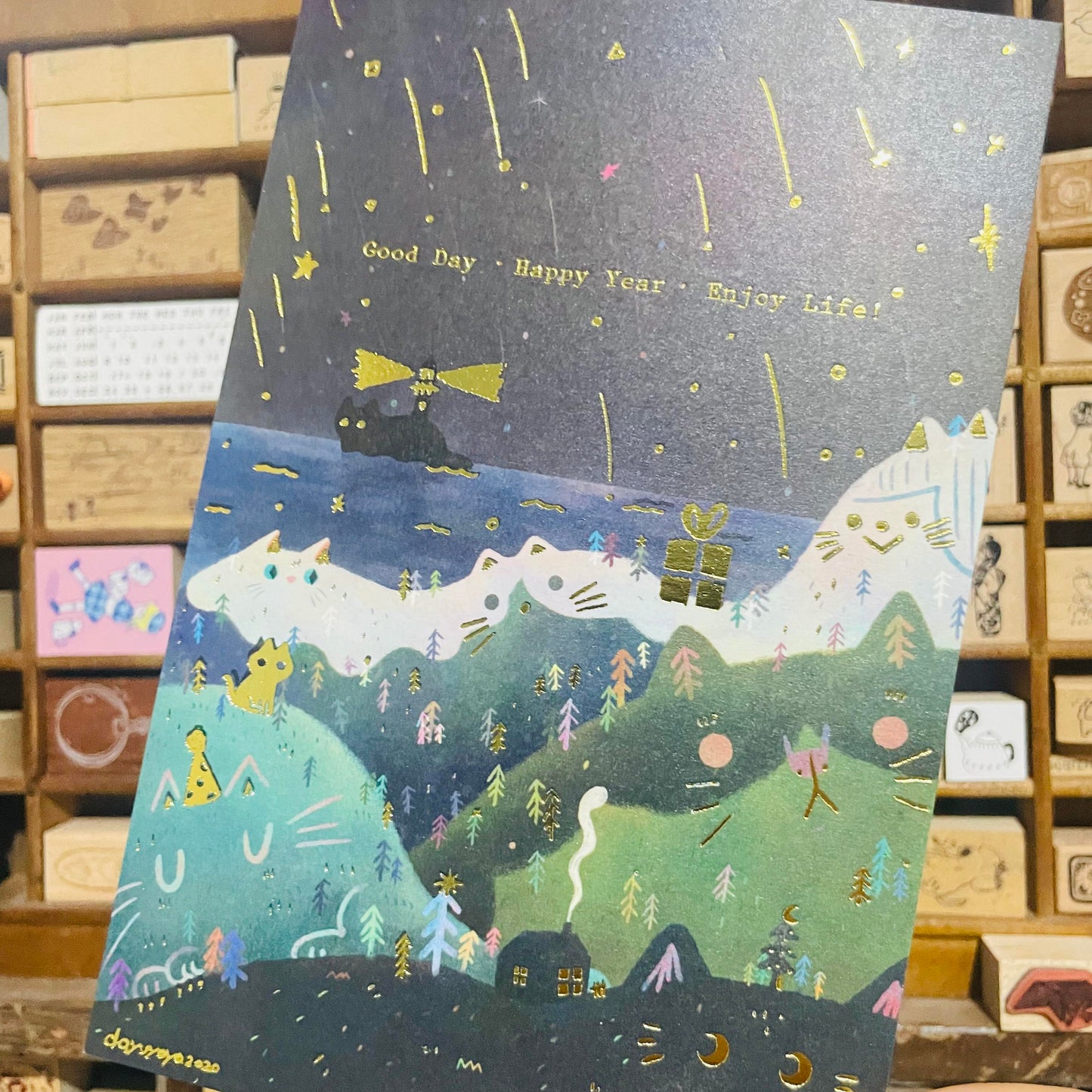 Dayuyoyo Good Day. Happy Year. Enjoy Life Gold Foiled Big Postcard