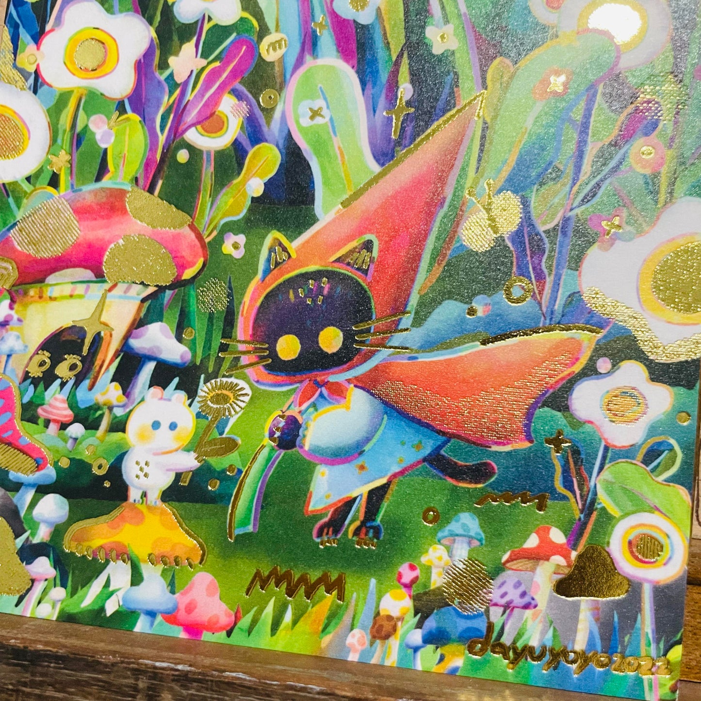 Dayuyoyo Cat Flower Gold Foiled Big Postcar