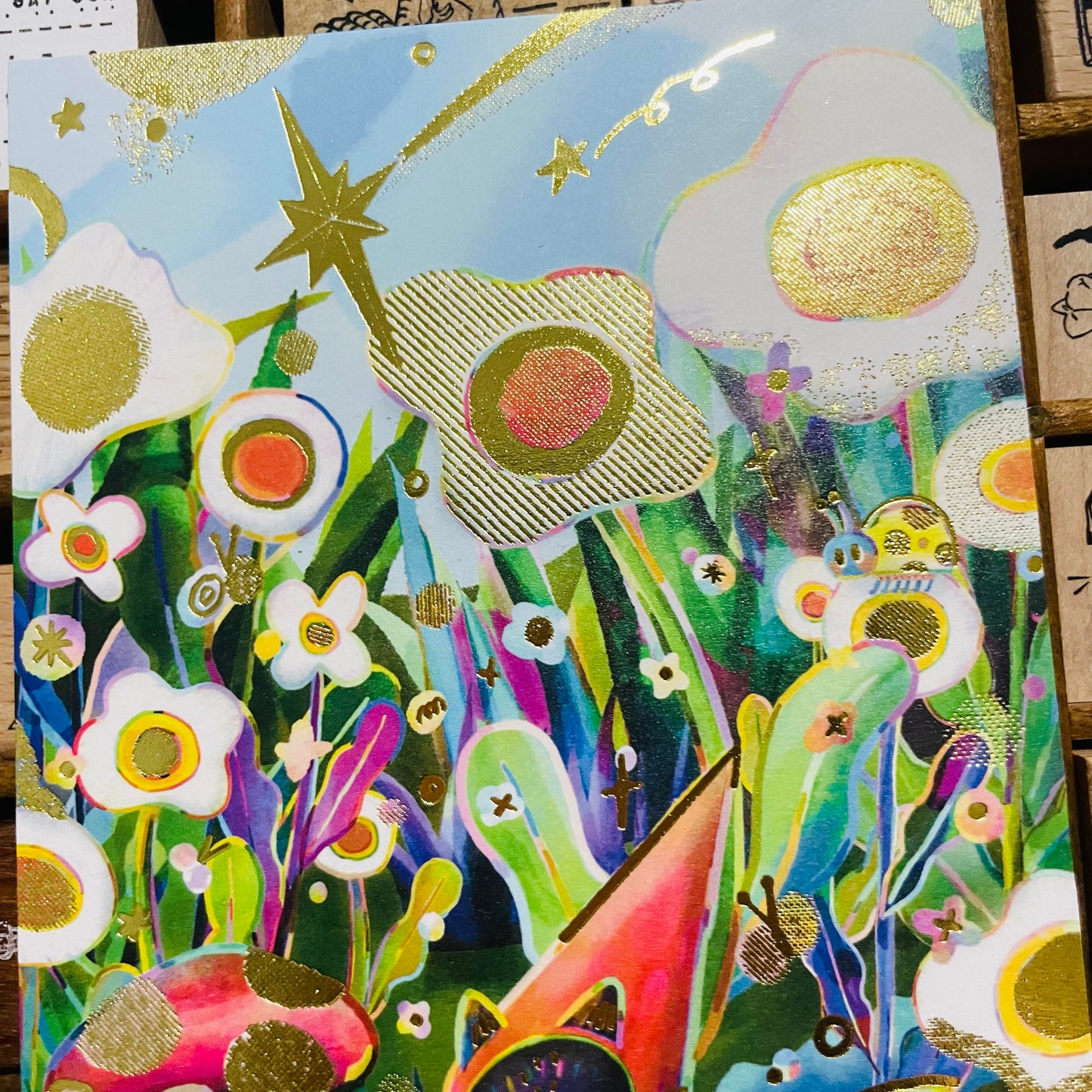 Dayuyoyo Cat Flower Gold Foiled Big Postcar