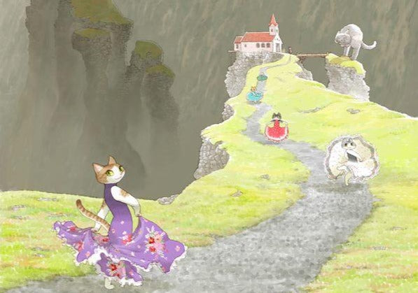 Miao Kaka Postcard Raining Cats Dancing in Dresses