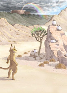 Miao Kaka Postcard Raining Cat with Rainbow on a Desert