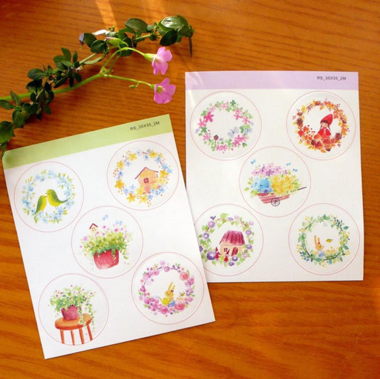 Grassyhouse Watercolor Circle Sticker Sheet Pack Set