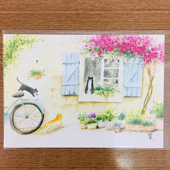 Grassyhouse Cats in Backyard Illustration Postcard