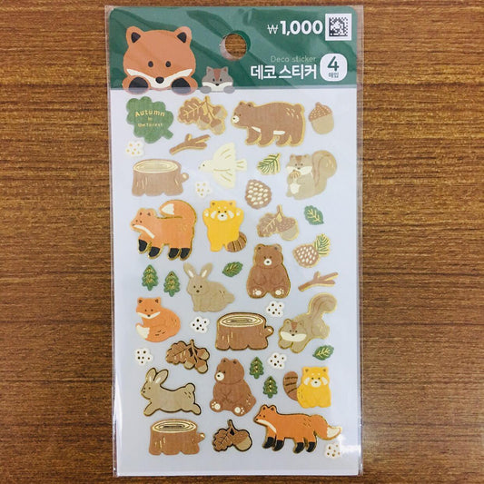 Daiso Korea Autumn Fall Animals Gold Foiled  Sticker Sheets 4pc