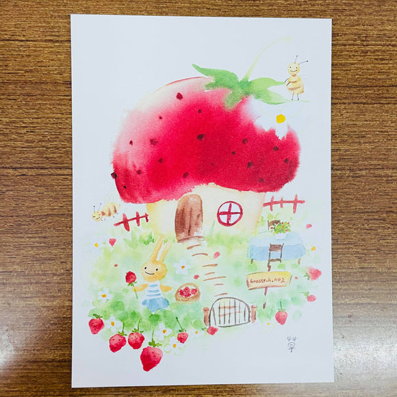Grassyhouse Strawberry House Illustration Postcard