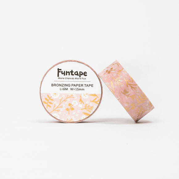 Funtape Bronzing Paper Foiled Pink Pastel Flowers Masking Washi Tape Roll