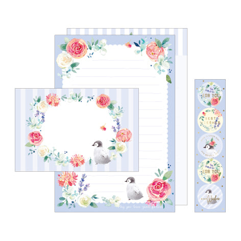 NanPao Watercolor Penguins and Roses Stationery Letter Set