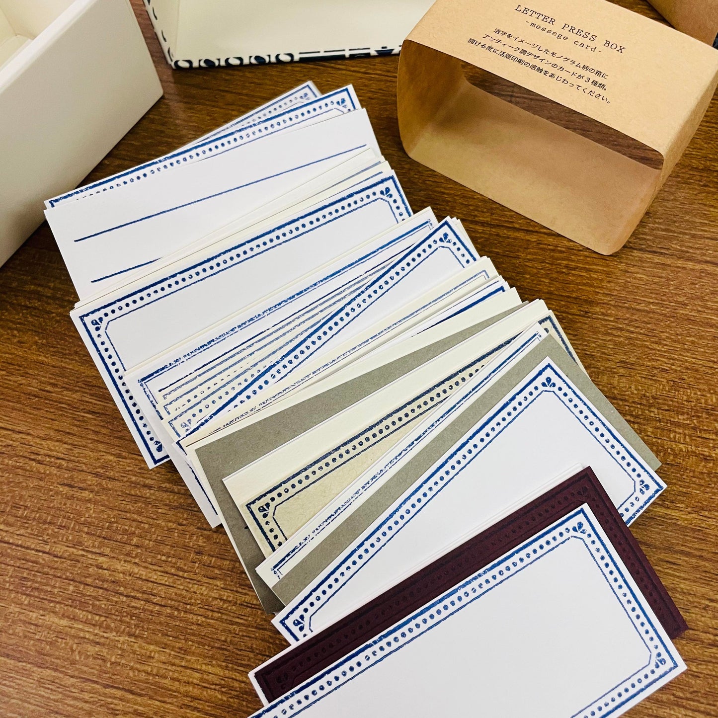 Yamazoe Letterpress Message Card White Blue Box and Samples