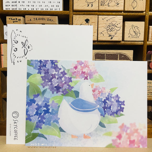 Sky Coffee Duck and Hydrangea Hiking Postcard