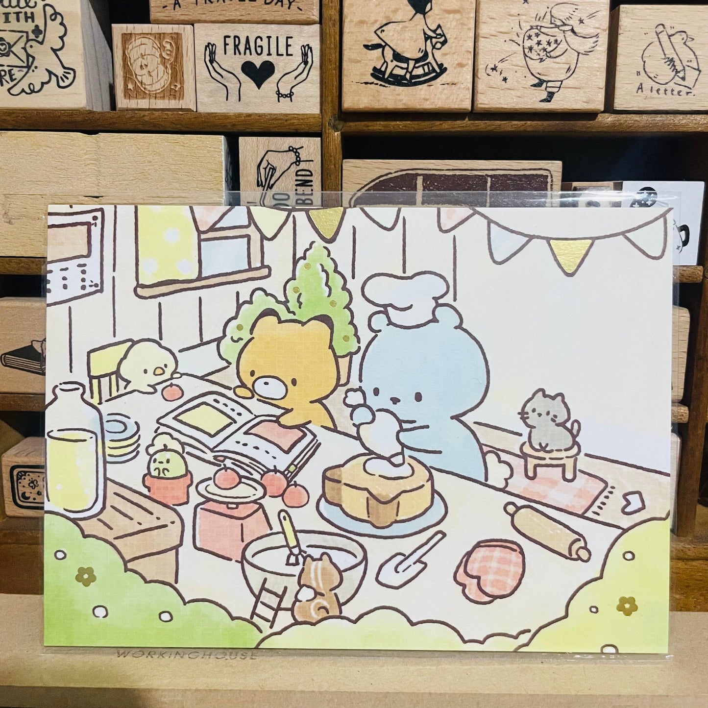 Little Popcorn Cooking Gold Foiled Paper Postcard
