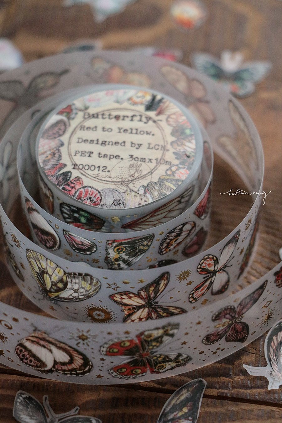 linchianing Red to Yellow Butterflies PET Tape Sample and Full Roll