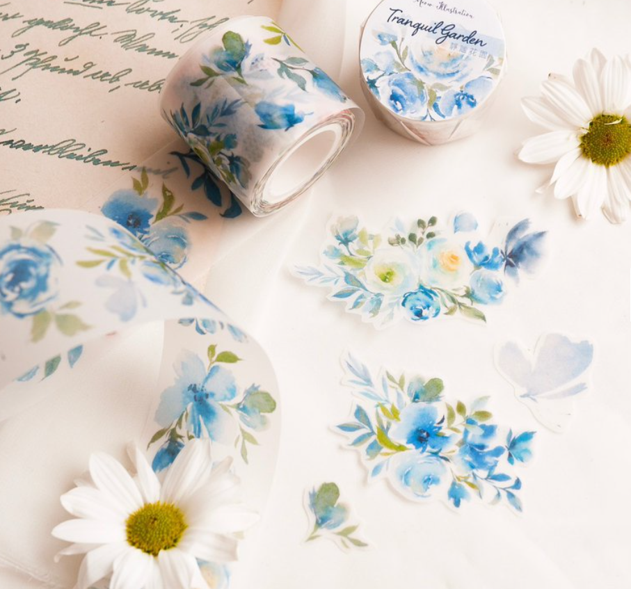 [Samples Only] Meow Illustration Tranquil Garden Flowers Masking Washi Tape